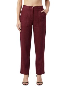 Bonjour - Wine Solid Linen Relaxed and Comfortable Fit Pant