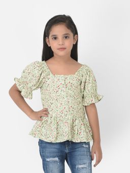 CRIMSOUNE CLUB - Girls Green Printed Cinched Waist Top