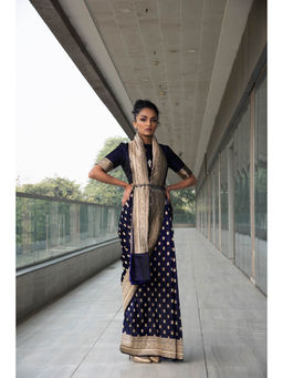 Neha Tarun - Navy Blue Pure Katan Silk Saree and Belt with Stitched Blouse