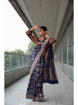 Neha Tarun - Navy Blue Pure Katan Silk Saree with Stitched Blouse