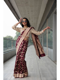 Neha Tarun - Maroon Embroidered and Woven Saree and Belt with Stitched Blouse