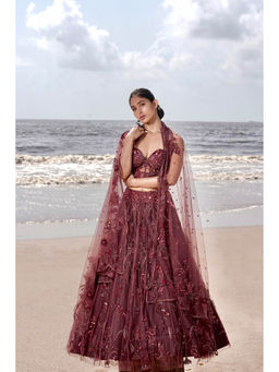 Neha Tarun - Burgundy Embroidered Lehenga with Blouse and Dupatta (Set of 3)
