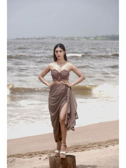 Neha Tarun - Taupe Embroidered Yoke Drape Slit Dress