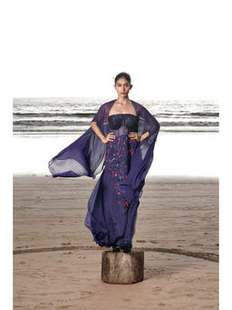 Neha Tarun - Navy Blue Floral Patchwork Gown with Cape (Set of 2)