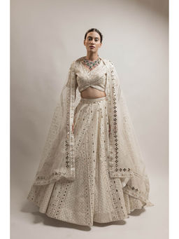 Neha Tarun - Ivory Embroidered Lehenga with V Neck Blouse and Dupatta (Set of 3)