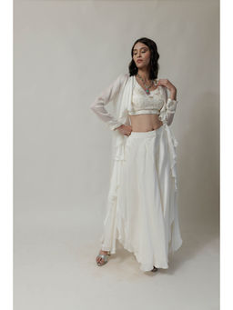Neha Tarun - Ivory Embroidered Blouse with Palazzo and Frill Jacket (Set of 3)
