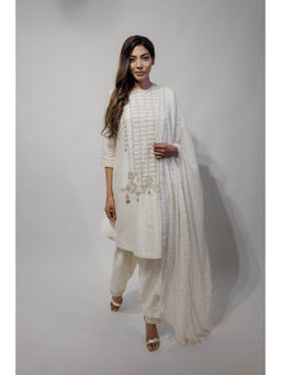 Neha Tarun - Ivory A-Line Kurta with Pakistani Salwar and Dupatta (Set of 3)
