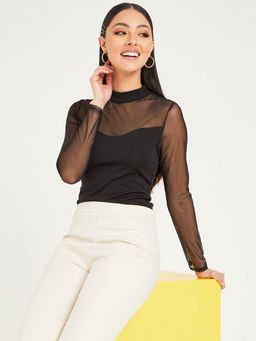 Styli - Black Long Sleeves High Neck Mesh Insert Knit Top