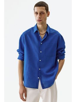 H&M - Men Blue Relaxed Fit Linen-Blend Shirt