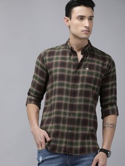 The Bear House - Men Brown and Green Checked Slim Fit Cotton Flannel Casual Shirt