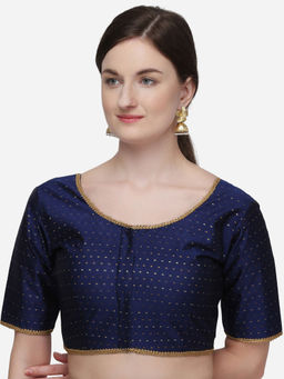 Amrutam Fab - Womens Jacquard Navy Blue Phantom Silk Stiched Blouse With Round Neck
