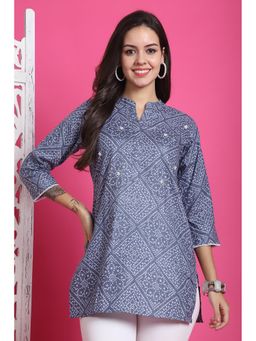 Rajnandini - Womens Grey and White Pure Cotton Bandhani Printed Tunic