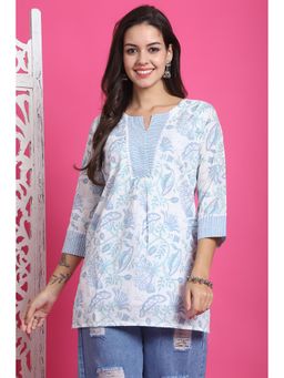 Rajnandini - Womens White and Sky Blue Pure Cotton Floral Printed Tunic
