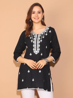 Rajnandini - Womens Black Rayon Floral Embroidered Tunic