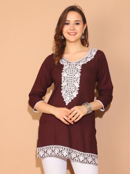 Rajnandini - Womens Wine Rayon Floral Embroidered Tunic