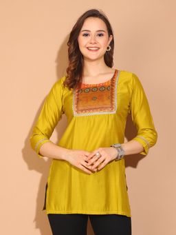 Rajnandini - Womens Yellow Poly Silk Printed Tunic