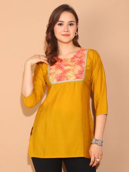 Rajnandini - Womens Mustard Yellow Poly Silk Printed Tunic