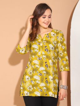 Rajnandini - Womens Mustard Yellow Pure Cotton Floral Printed Tunic