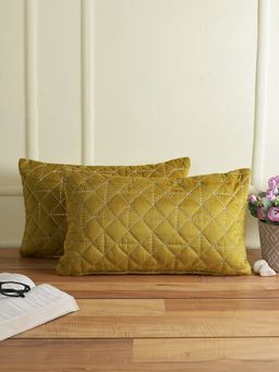 Eyda - Super Soft Olive Green Color Set Of 2 Quilted Cushion Cover-12X20 Inch