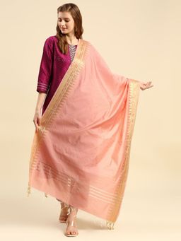 Dupatta Bazaar - Womens Peach Banarasi Silk Dupatta with Temple Border