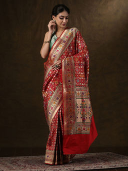 WeaverStory - Handloom Red Katan Silk Banarasi Patola Saree with Meenakari Design