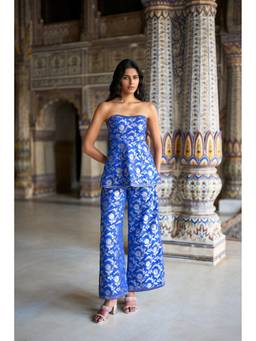 dash and dot - Blue Benares Brocade Wide-Legged Pant