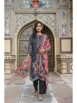 Scakhi - Black Crepe Floral Print Kurta with Pant & Dupatta (Set of 3)