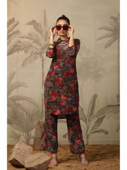 Scakhi - Charcoal Grey Crepe Silk Floral Print Tunic with Palazzo (Set of 2)