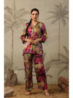 Scakhi - Green Satin Floral Print Shirt with Palazzo (Set of 2)