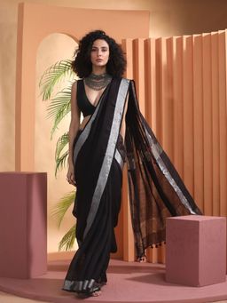 Beatitude - Black Handloom Linen Saree with Unstitched Blouse