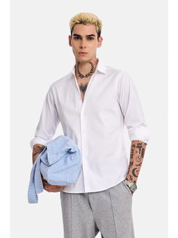 Snitch - White Solid Cotton Blend Slim Fit Shirt