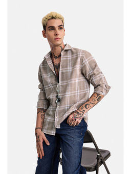 Snitch - Beige Checks Polyester Blend Regular Fit Shirt