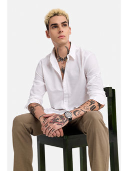 Snitch - White Solid Cotton Blend Regular Fit Shirt