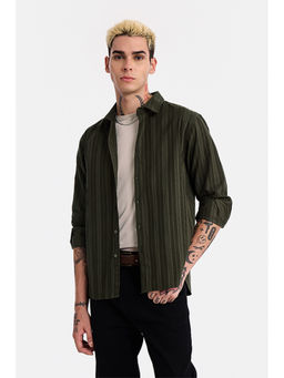 Snitch - Olive Stripes Cotton Regular Fit Shirt