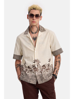 Snitch - Off White Abstract Cotton Boxy Fit Shirt