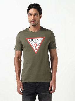 Guess - Olive Printed Pure Cotton Slim Fit T-Shirt