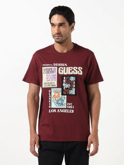 Guess - Maroon Printed Pure Cotton Regular Fit T-Shirt