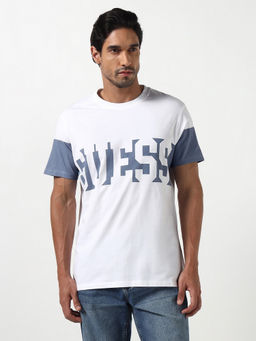 Guess - White Colorblock Pure Cotton Regular Fit T-Shirt