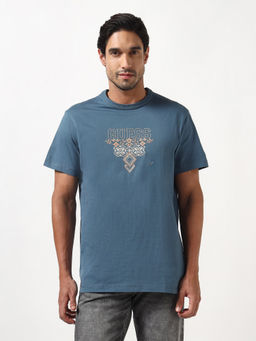 Guess - Blue Embroidered Pure Cotton Regular Fit T-Shirt