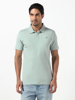 Guess - Blue Solid Cotton Blend Slim Fit Polo T-Shirt