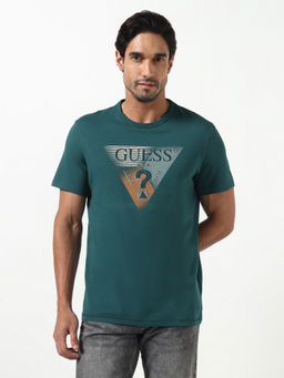 Guess - Teal Printed Cotton Blend Slim Fit T-Shirt