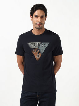 Guess - Navy Blue Printed Cotton Blend Slim Fit T-Shirt