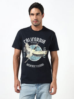 Guess - Navy Blue Printed Pure Cotton Regular Fit T-Shirt