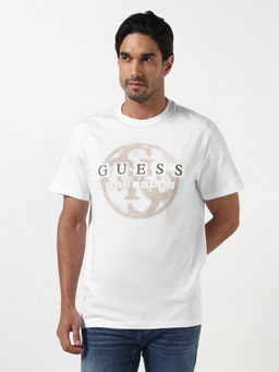 Guess - White Printed Pure Cotton Regular Fit T-Shirt