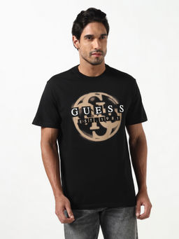 Guess - Black Printed Pure Cotton Regular Fit T-Shirt