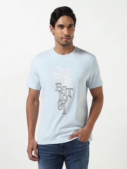 Guess - Blue Printed Cotton Blend Slim Fit T-Shirt