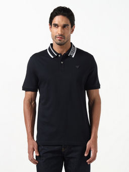 Guess - Navy Blue Solid Cotton Blend Slim Fit Polo T-Shirt