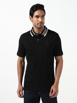Guess - Black Solid Cotton Blend Slim Fit Polo T-Shirt