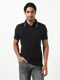 Guess - Black Solid Cotton Blend Slim Fit Polo T-Shirt