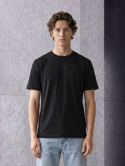 The Bear House - Black Solid Cotton Regular Fit T-Shirt